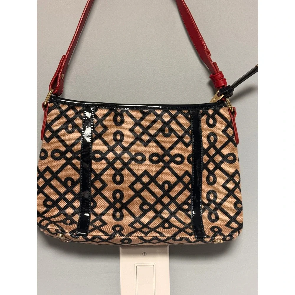 Spartina 449 Woven Linen Shoulder Bag Red Leather Black Patent Geometric Lattice